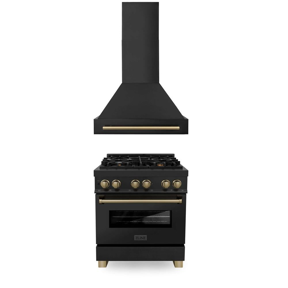 Autograph Edition 30 in. Kitchen Package with Black Stainless Steel Dual Fuel Range and Range Hood with Champagne Bronze Accents 2AKPRABRH30CB