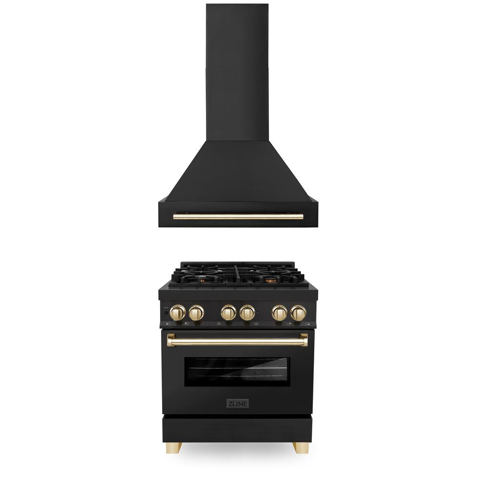 Autograph Edition 30 in. Kitchen Package with Black Stainless Steel Dual Fuel Range and Range Hood with Polished Gold Accents 2AKPRABRH30G