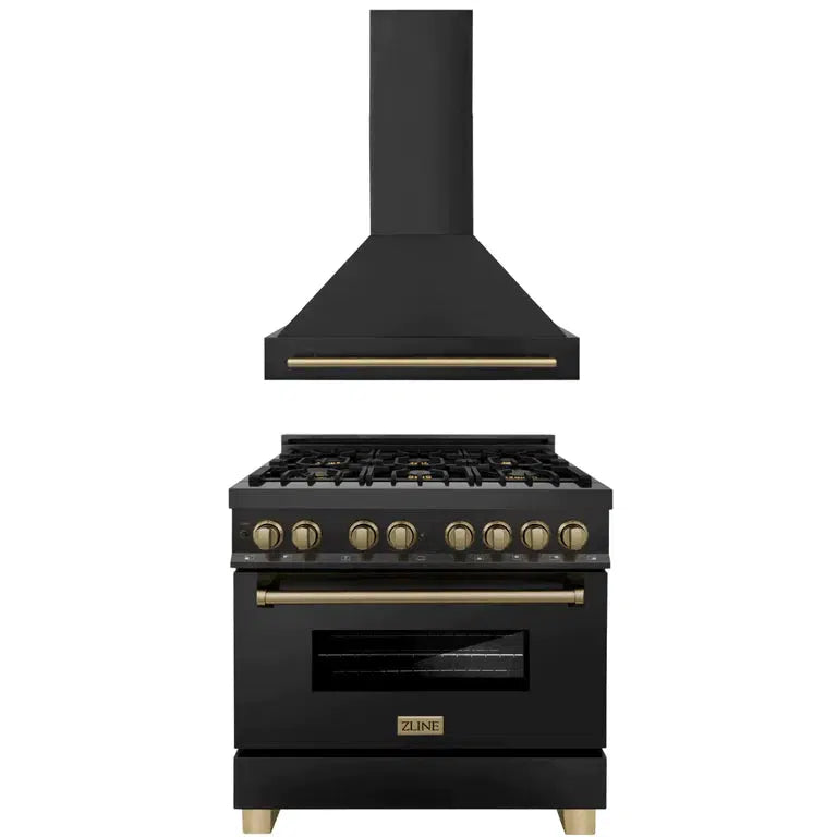 Autograph Edition 36 in. Kitchen Package with Black Stainless Steel Dual Fuel Range and Range Hood with Champagne Bronze Accents 2AKPRABRH36CB