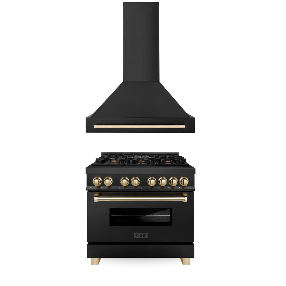 Autograph Edition 36 in. Kitchen Package with Black Stainless Steel Dual Fuel Range and Range Hood with Polished Gold Accents 2AKPRABRH36G