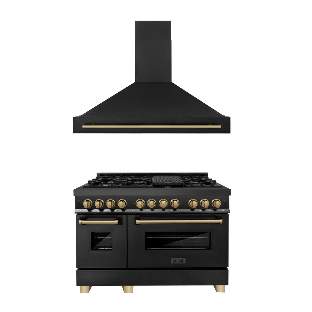 Autograph Edition 48 in. Kitchen Package with Black Stainless Steel Dual Fuel Range and Range Hood with Champagne Bronze Accents 2AKPRABRH48CB
