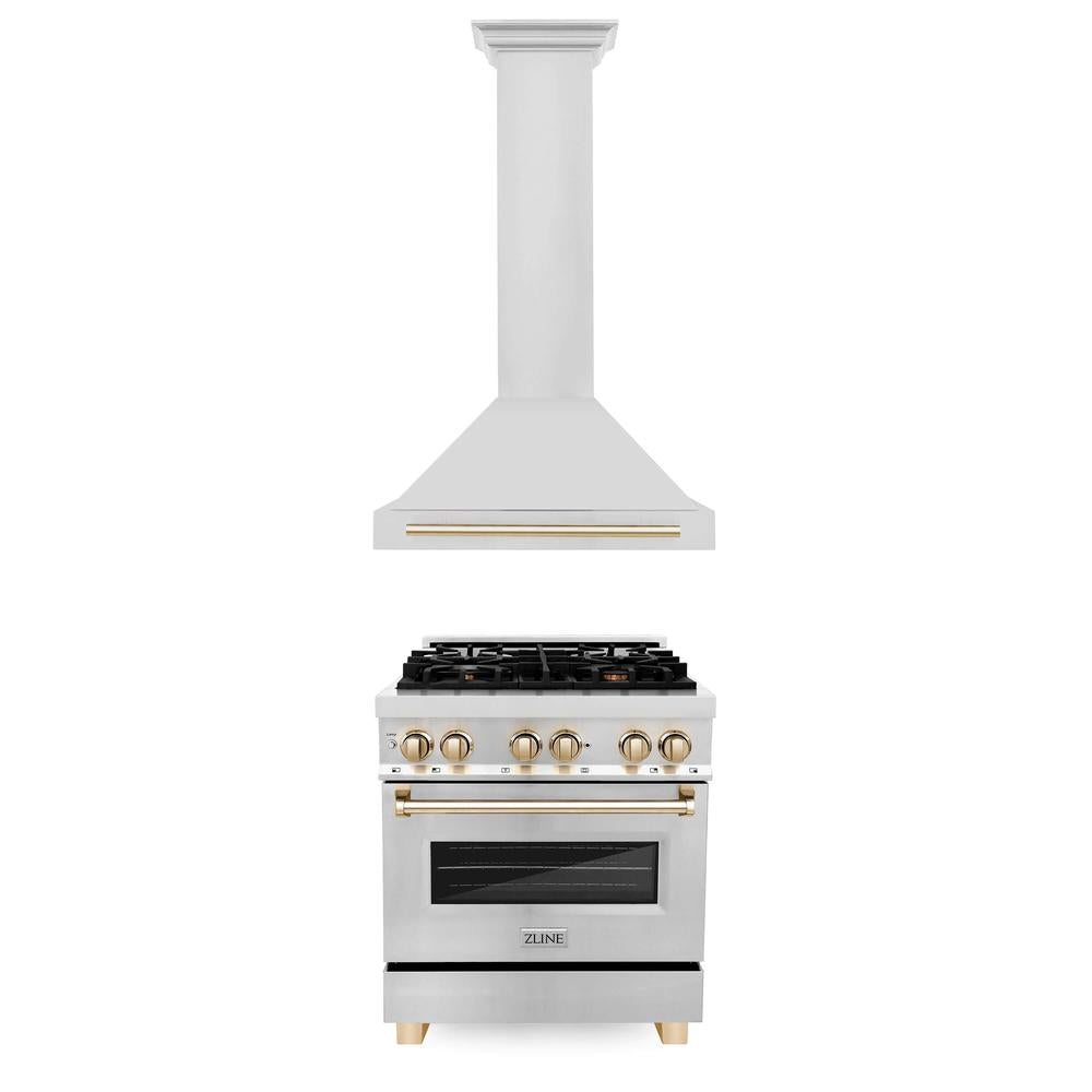 Autograph Edition 30 in. Kitchen Package with Stainless Steel Dual Fuel Range and Range Hood with Polished Gold Accents 2AKPRARH30G