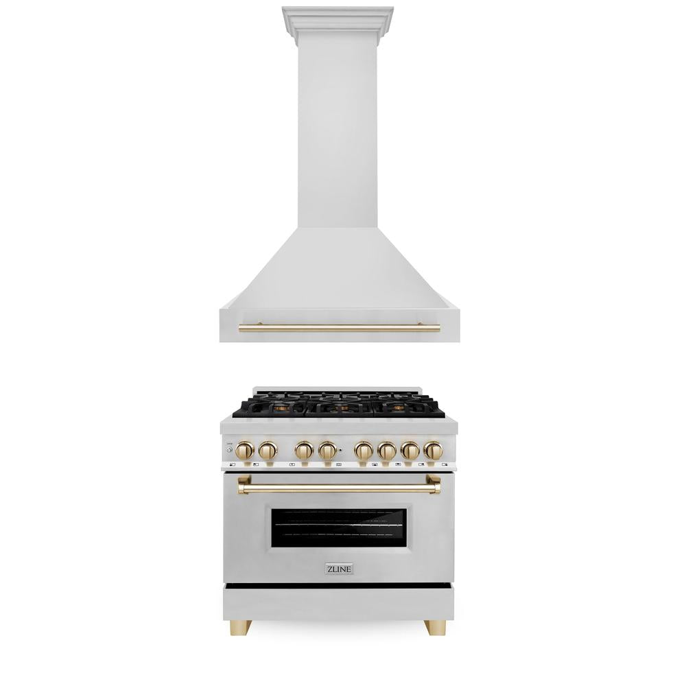 Autograph Edition 36 in. Kitchen Package with Stainless Steel Dual Fuel Range and Range Hood with Polished Gold Accents 2AKPRARH36G