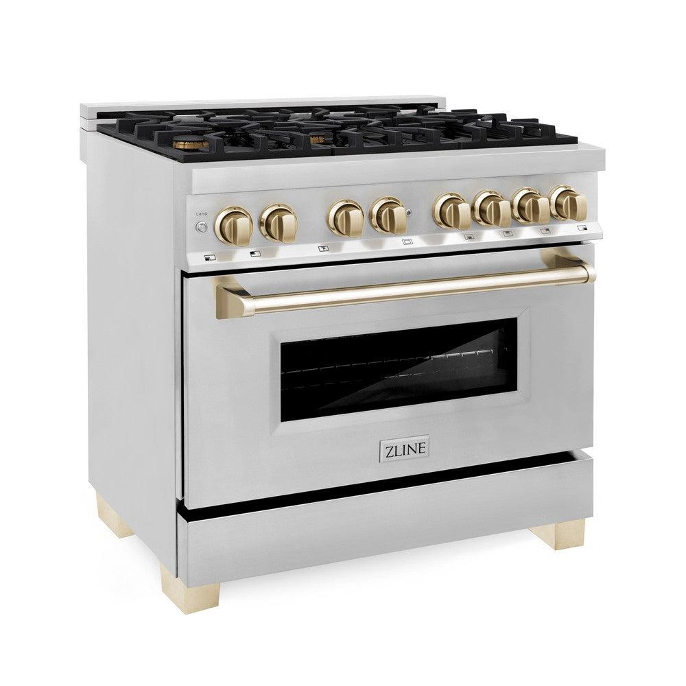 Autograph Edition 36 in. Kitchen Package with Stainless Steel Dual Fuel Range and Range Hood with Polished Gold Accents 2AKPRARH36G