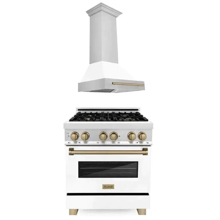 Autograph Edition 30 in. Kitchen Package with Stainless Steel Dual Fuel Range with White Matte Door and Range Hood with Champagne Bronze Accents 2AKPRAWMRH30CB