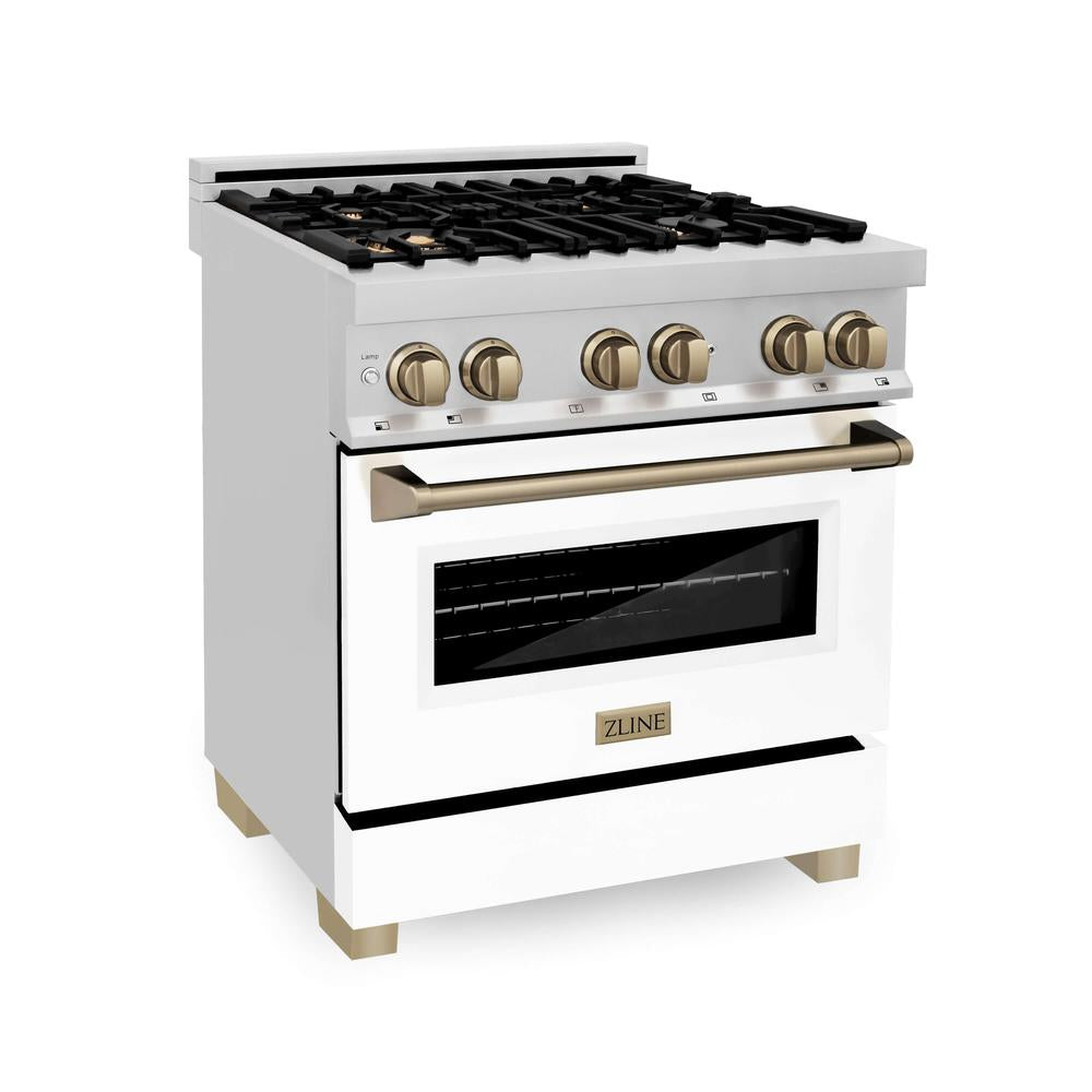 Autograph Edition 30 in. Kitchen Package with Stainless Steel Dual Fuel Range with White Matte Door and Range Hood with Champagne Bronze Accents 2AKPRAWMRH30CB
