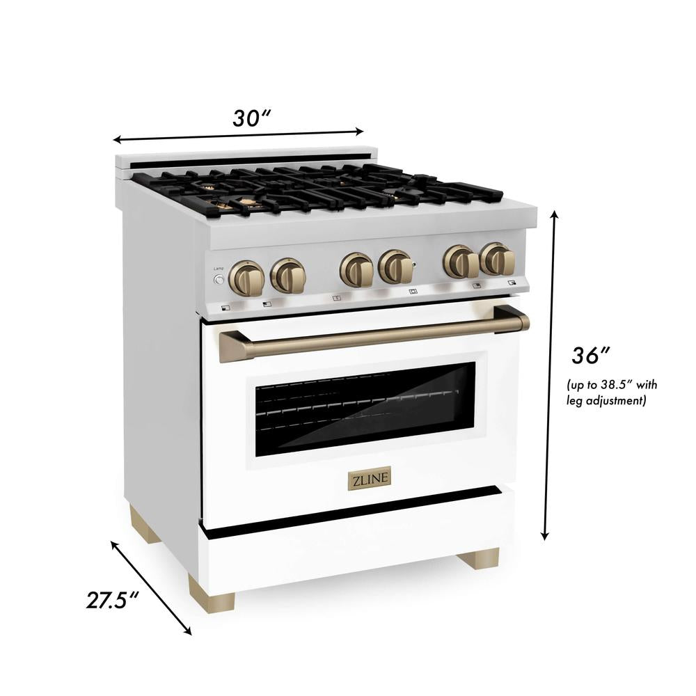 Autograph Edition 30 in. Kitchen Package with Stainless Steel Dual Fuel Range with White Matte Door and Range Hood with Champagne Bronze Accents 2AKPRAWMRH30CB