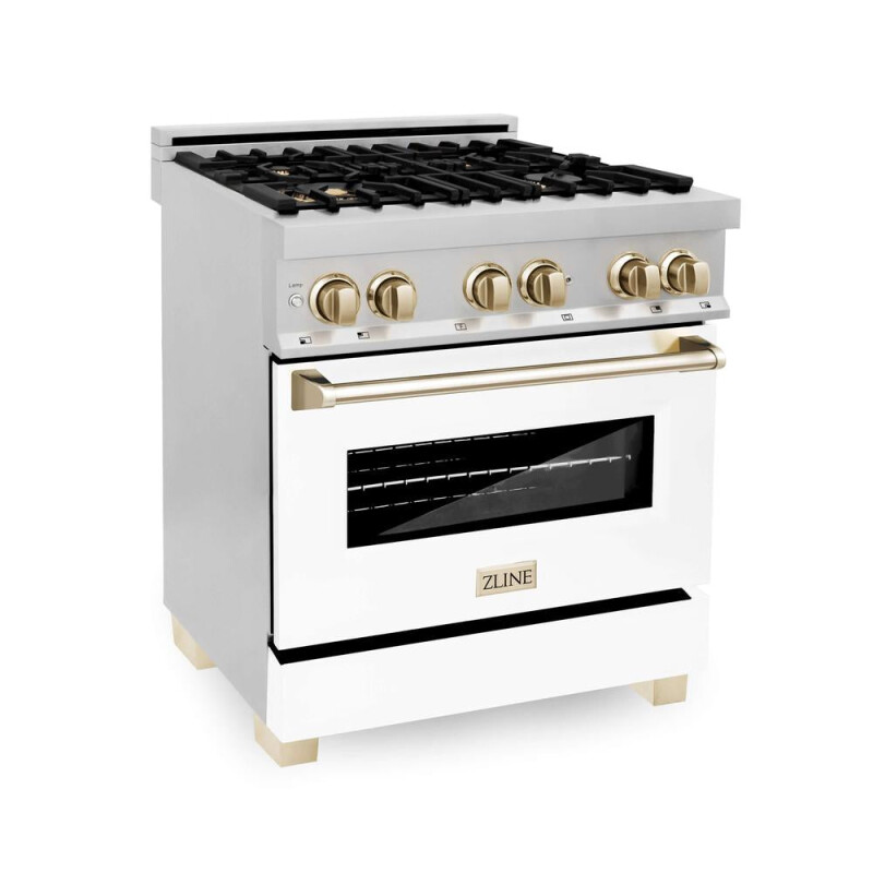 Autograph Edition 30 in. Kitchen Package with Stainless Steel Dual Fuel Range with White Matte Door and Range Hood with Polished Gold Accents 2AKPRAWMRH30G