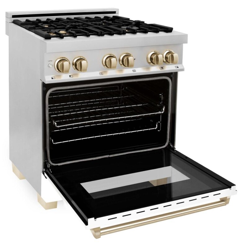 Autograph Edition 30 in. Kitchen Package with Stainless Steel Dual Fuel Range with White Matte Door and Range Hood with Polished Gold Accents 2AKPRAWMRH30G