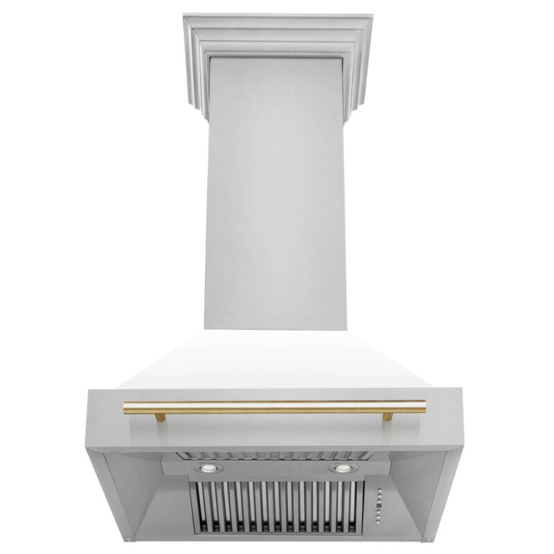 Autograph Edition 30 in. Kitchen Package with Stainless Steel Dual Fuel Range with White Matte Door and Range Hood with Polished Gold Accents 2AKPRAWMRH30G