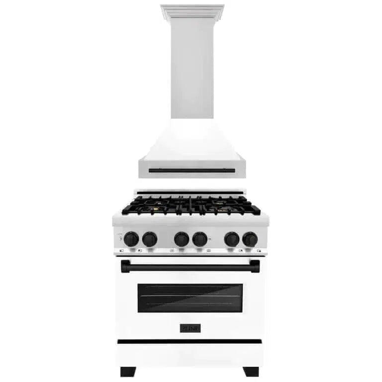 Autograph Edition 30 in. Kitchen Package with Stainless Steel Dual Fuel Range with White Matte Door and Range Hood with Matte Black Accents 2AKPRAWMRH30MB