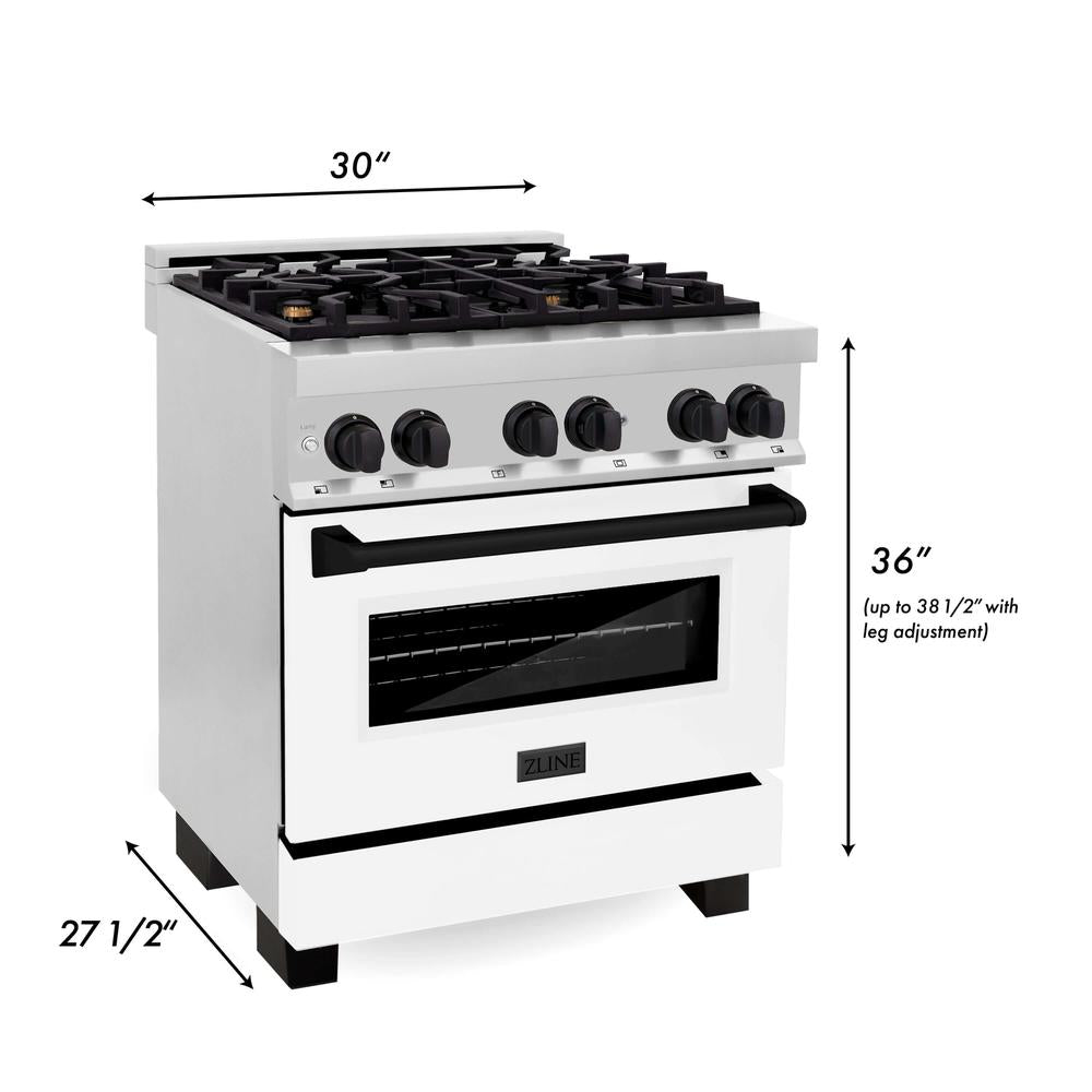Autograph Edition 30 in. Kitchen Package with Stainless Steel Dual Fuel Range with White Matte Door and Range Hood with Matte Black Accents 2AKPRAWMRH30MB