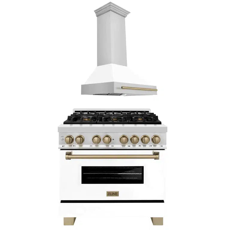 Autograph Edition 36 in. Kitchen Package with Stainless Steel Dual Fuel Range with White Matte Door and Range Hood with Champagne Bronze Accents 2AKPRAWMRH36CB