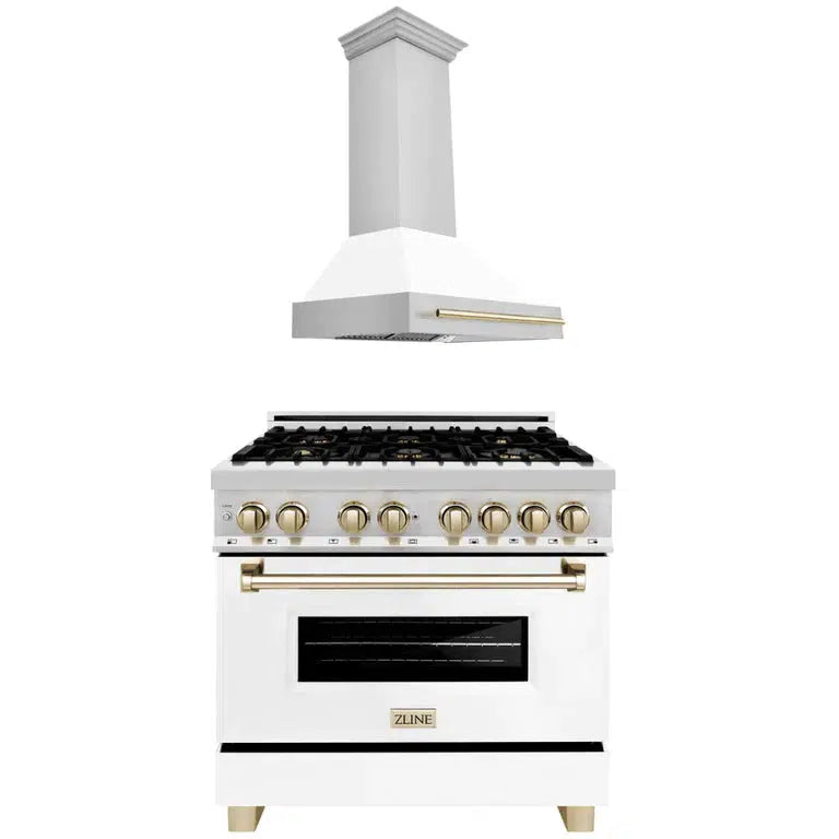 Autograph Edition 36 in. Kitchen Package with Stainless Steel Dual Fuel Range with White Matte Door and Range Hood with Polished Gold Accents 2AKPRAWMRH36G