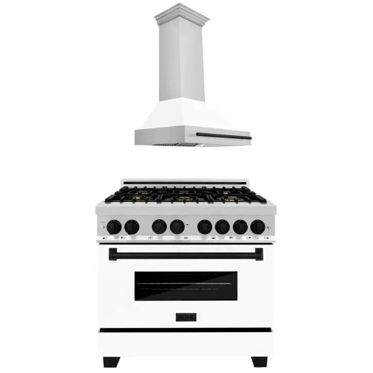 Autograph Edition 36 in. Kitchen Package with Stainless Steel Dual Fuel Range with White Matte Door and Range Hood with Matte Black Accents 2AKPRAWMRH36MB