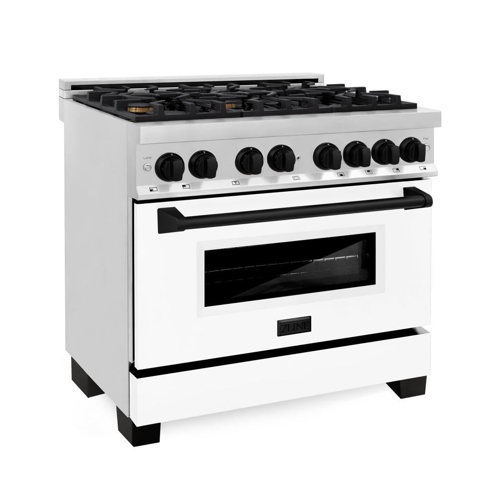 Autograph Edition 36 in. Kitchen Package with Stainless Steel Dual Fuel Range with White Matte Door and Range Hood with Matte Black Accents 2AKPRAWMRH36MB