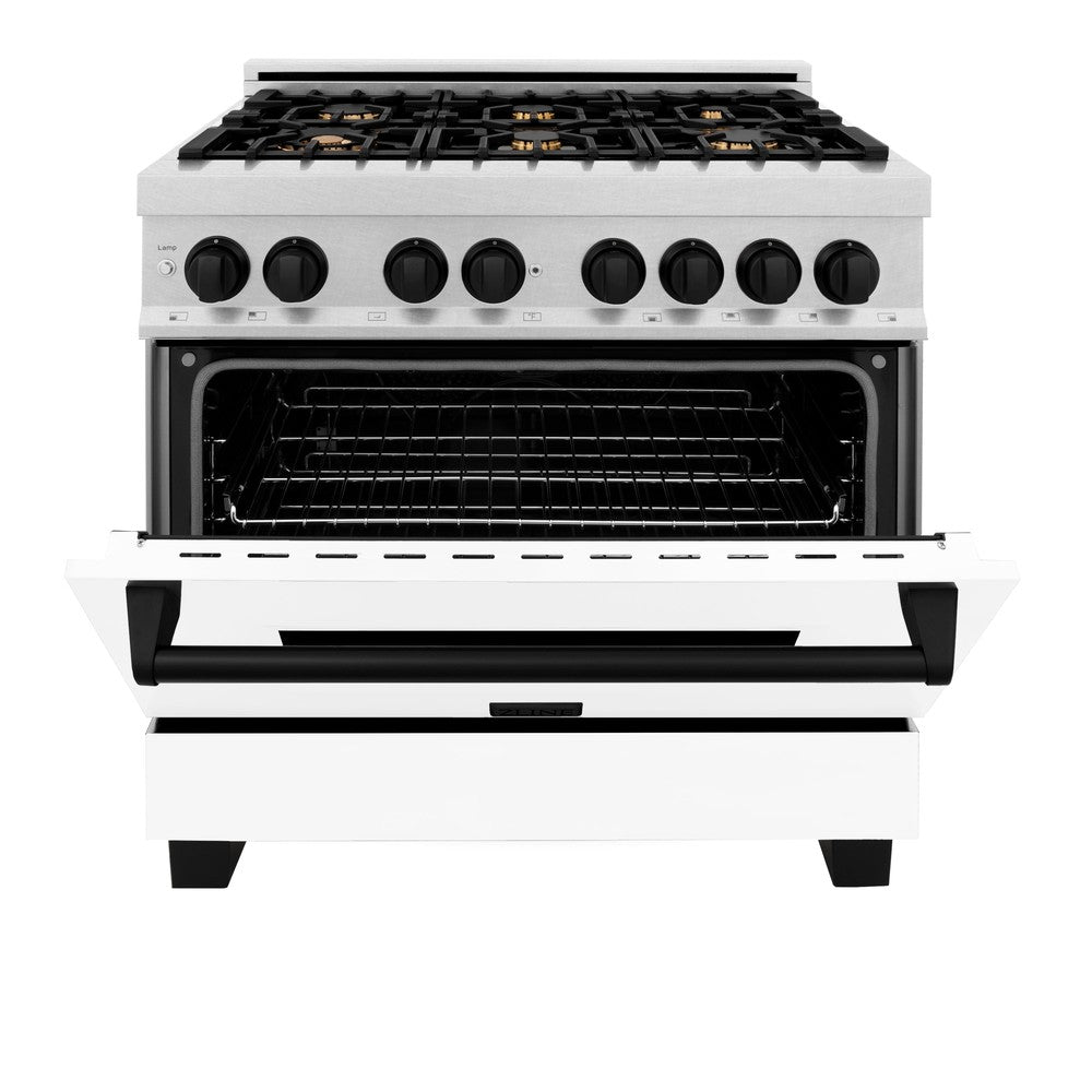 Autograph Edition 36 in. Kitchen Package with Stainless Steel Dual Fuel Range with White Matte Door and Range Hood with Matte Black Accents 2AKPRAWMRH36MB