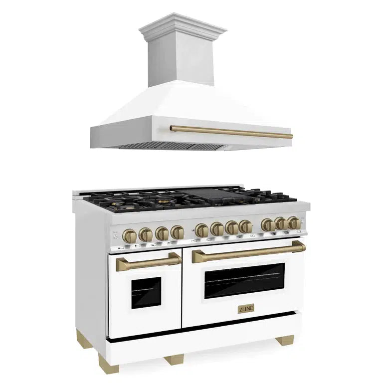 Autograph Edition 48 in. Kitchen Package with Stainless Steel Dual Fuel Range with White Matte Door and Range Hood with Champagne Bronze Accents 2AKPRAWMRH48CB