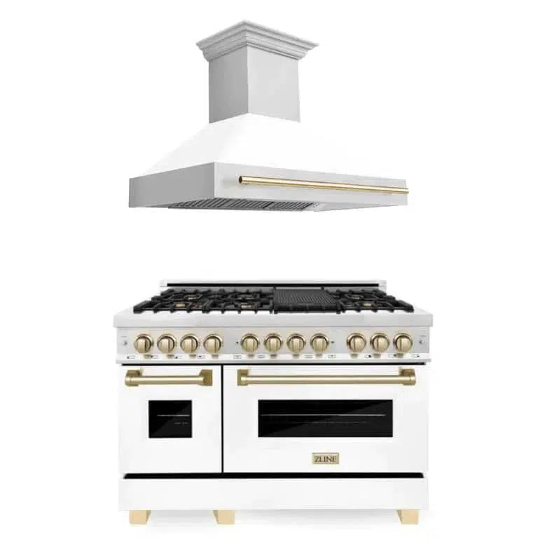 Autograph Edition 48 in. Kitchen Package with Stainless Steel Dual Fuel Range with White Matte Door and Range Hood with Polished Gold Accents 2AKPRAWMRH48G