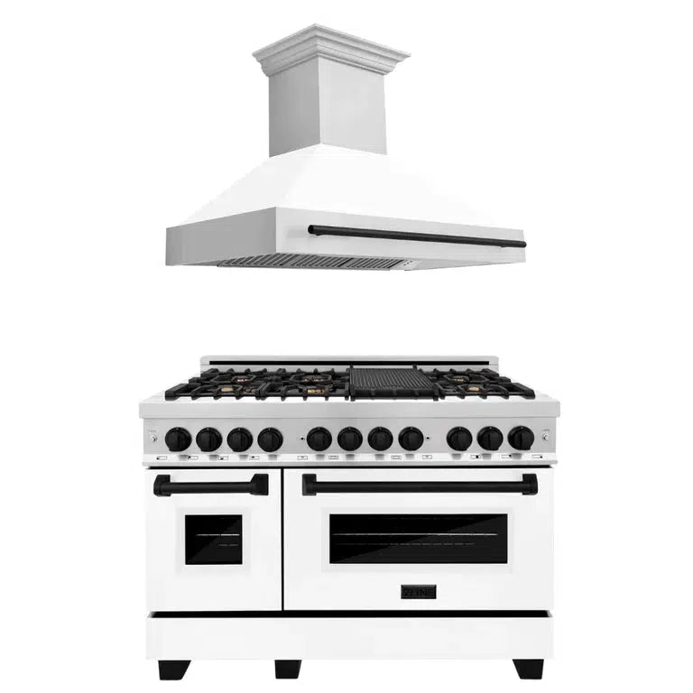 Autograph Edition 48 in. Kitchen Package with Stainless Steel Dual Fuel Range with White Matte Door and Range Hood with Matte Black Accents 2AKPRAWMRH48MB