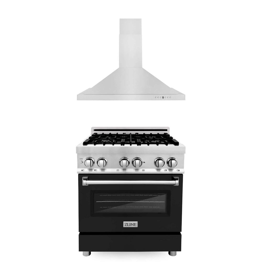 30 in. Kitchen Package with Stainless Steel Dual Fuel Range with Black Matte Door and Convertible Vent Range Hood 2KPRABLMRH30