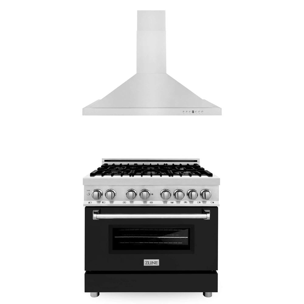 36 in. Kitchen Package with Stainless Steel Dual Fuel Range with Black Matte Door and Convertible Vent Range Hood 2KPRABLMRH36