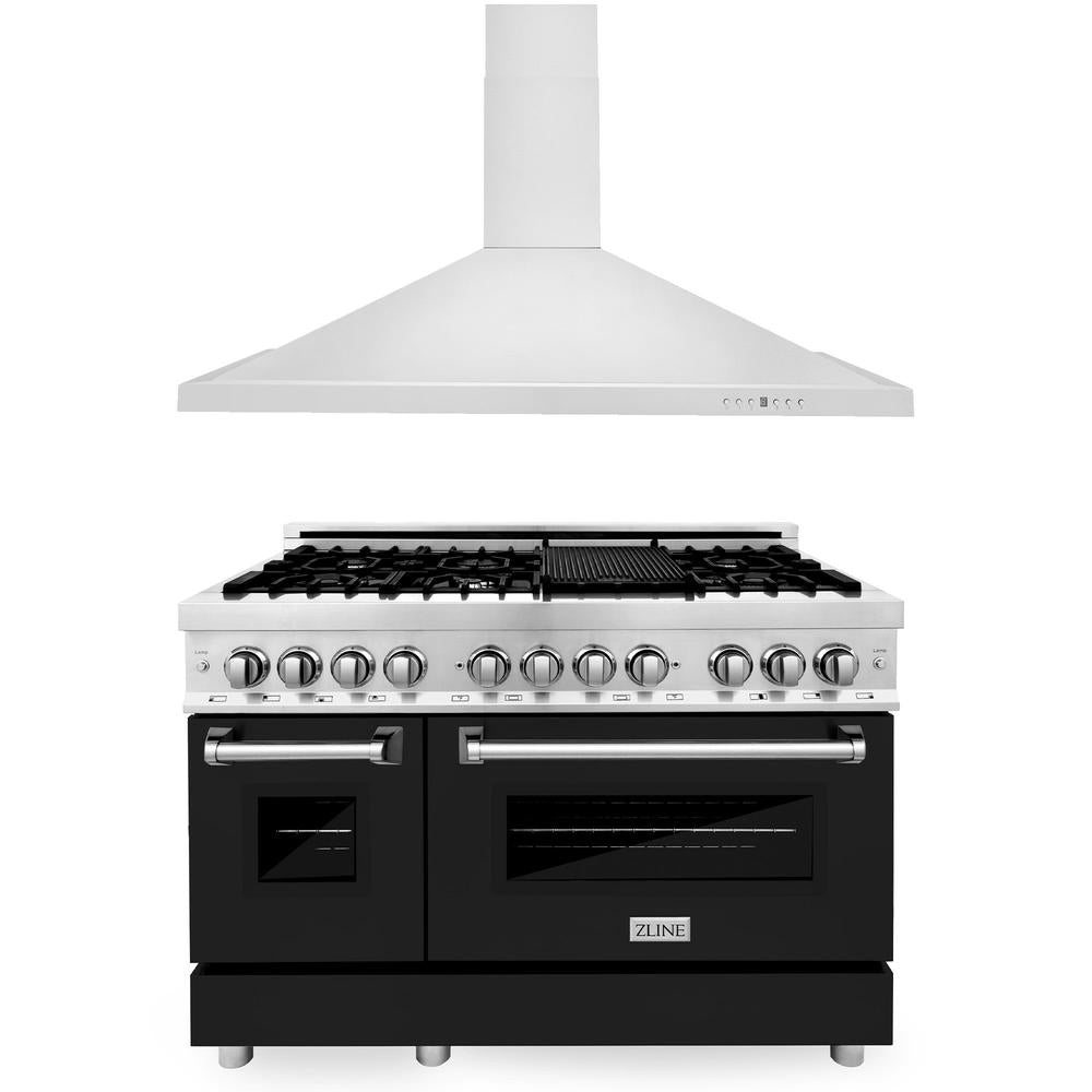 48 in. Kitchen Package with Stainless Steel Dual Fuel Range with Black Matte Door and Convertible Vent Range Hood 2KPRABLMRH48