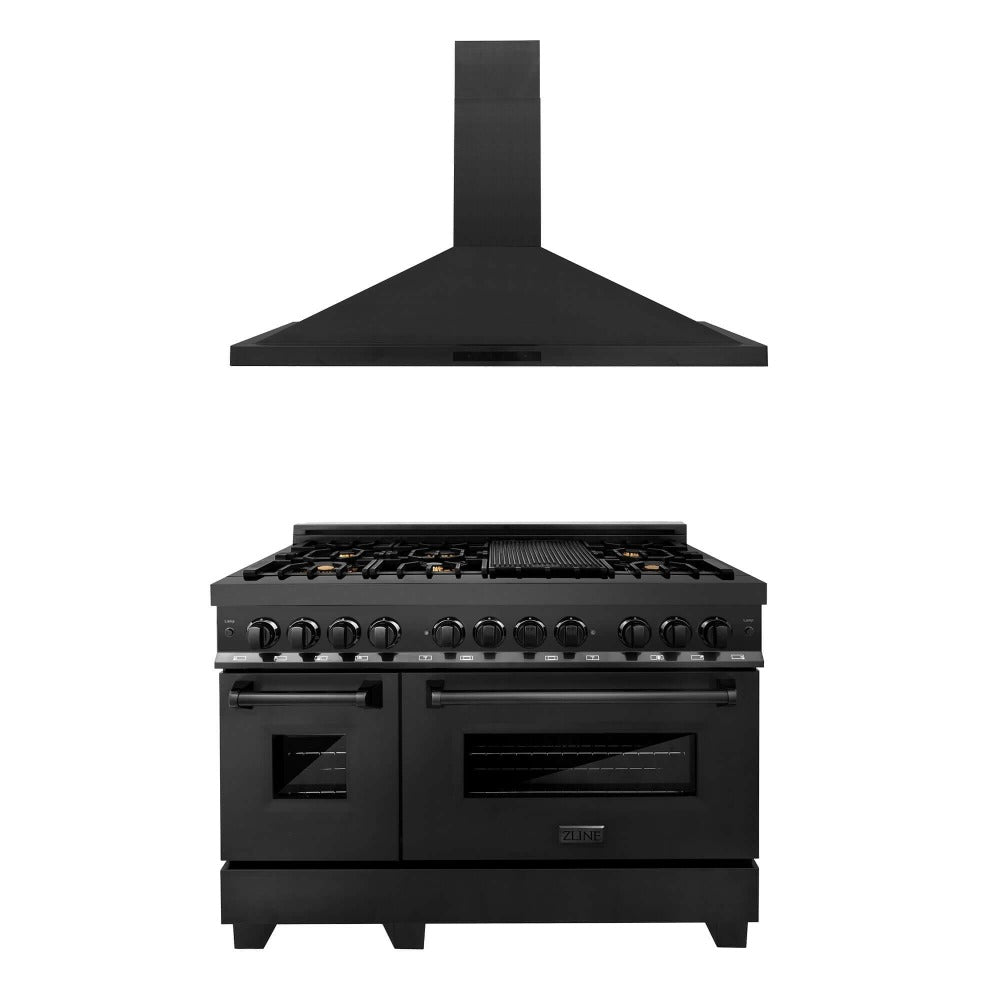 48 in. Kitchen Package with Black Stainless Steel Dual Fuel Range and Convertible Vent Range Hood 2KPRABRH48