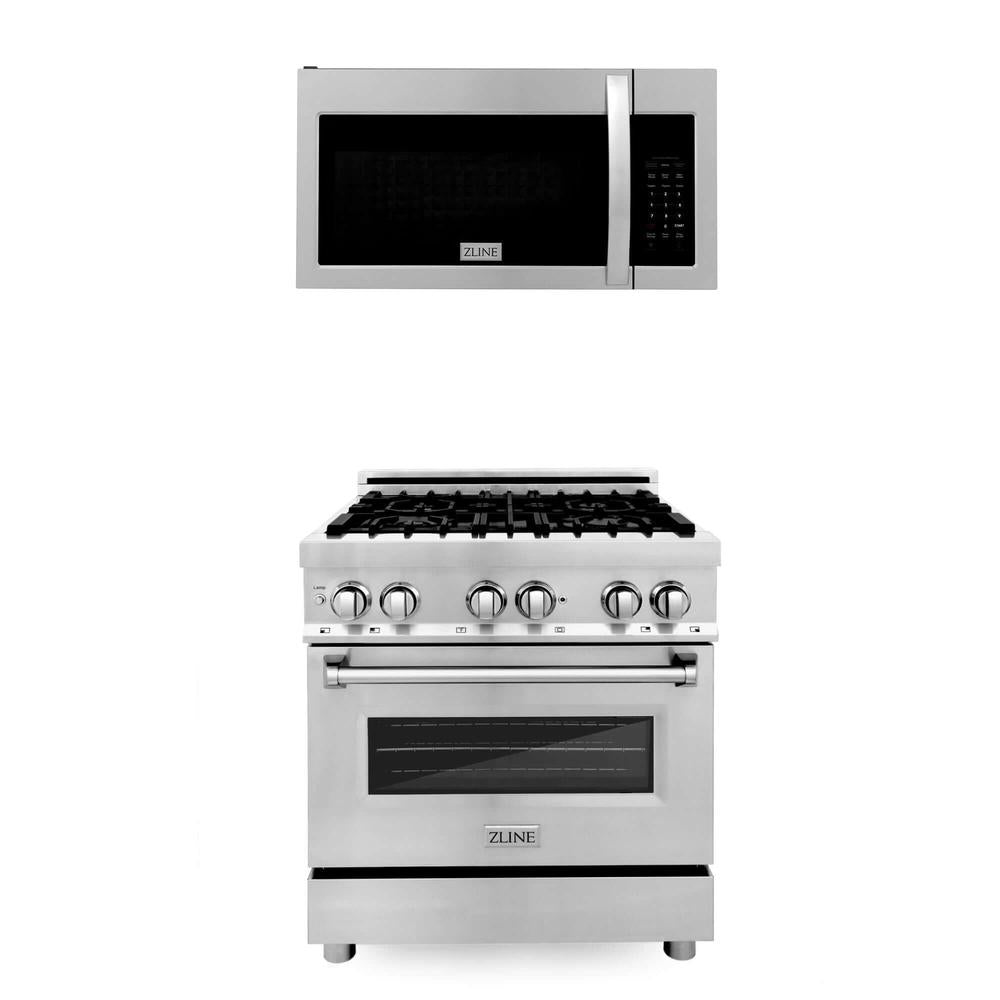 30 in. Kitchen Package with Stainless Steel Dual Fuel Range and Over The Range Microwave with Modern Handle 2KPRAOTR30