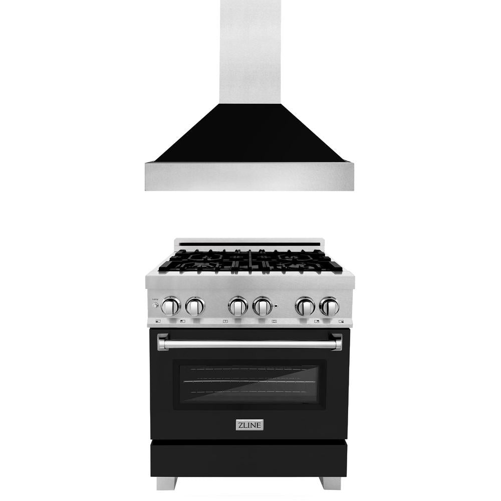 30 in. Kitchen Package with Satin Stainless Steel Dual Fuel Range with Black Matte Door and Convertible Vent Range Hood 2KPRASBLMRH30