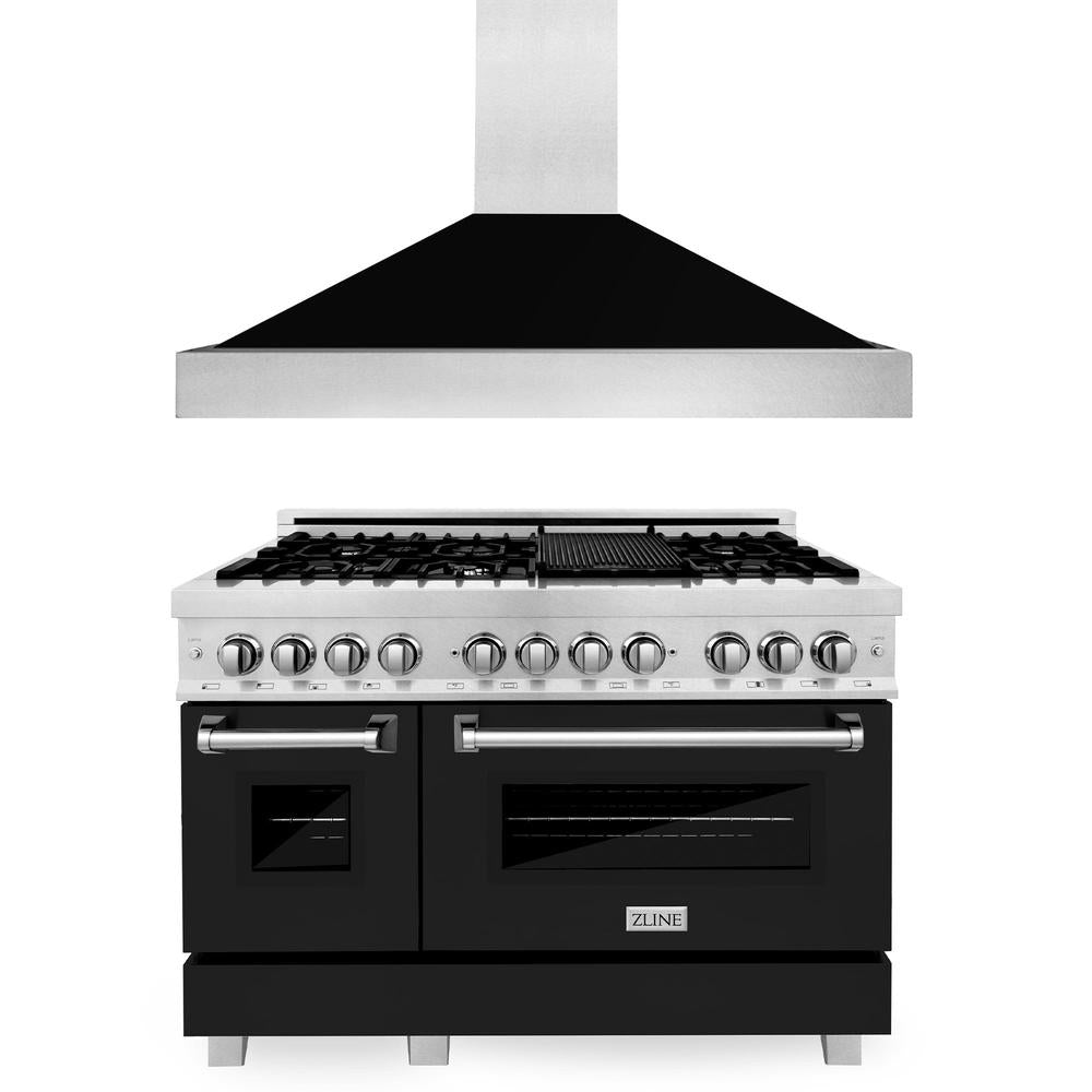 48 in. Kitchen Package with Satin Stainless Steel Dual Fuel Range with Black Matte Door and Convertible Vent Range Hood 2KPRASBLMRH48