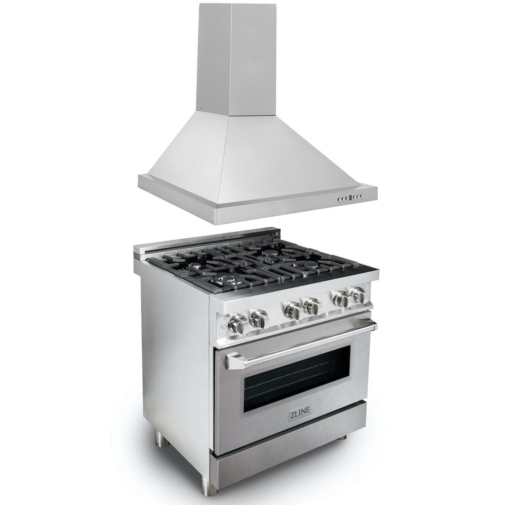 30 in. Kitchen Package with Satin Stainless Steel Dual Fuel Range and Convertible Vent Range Hood 2KPRASNRH30