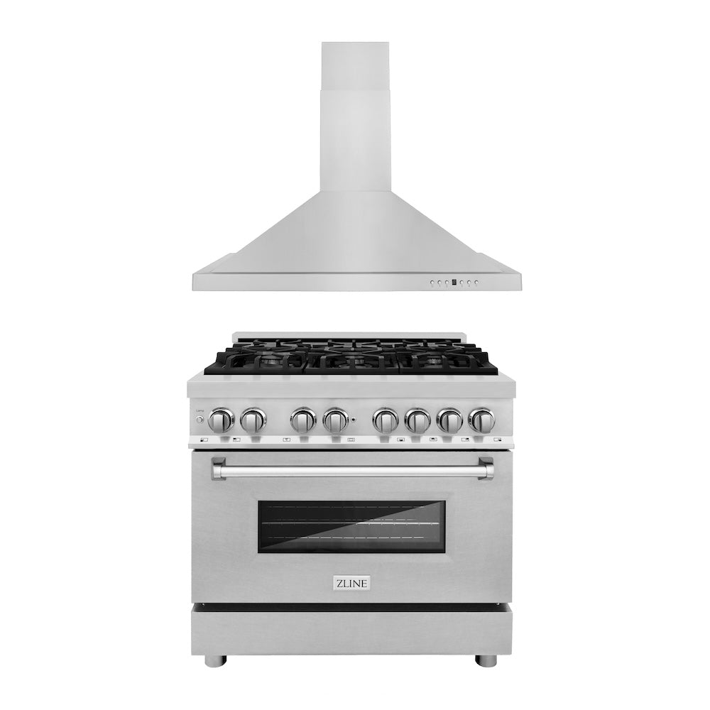 36 in. Kitchen Package with Satin Stainless Steel Dual Fuel Range and Convertible Vent Range Hood 2KPRASNRH36