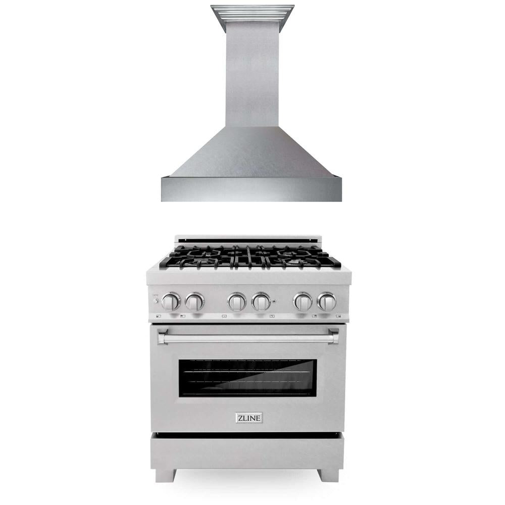 30 in. Kitchen Package with Satin Stainless Steel Dual Fuel Range and Convertible Vent Range Hood 2KPRASSNRH30