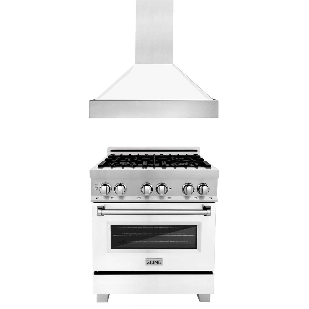 30 in. Kitchen Package with Satin Stainless Steel Dual Fuel Range with White Matte Door and Convertible Vent Range Hood 2KPRASWMRH30