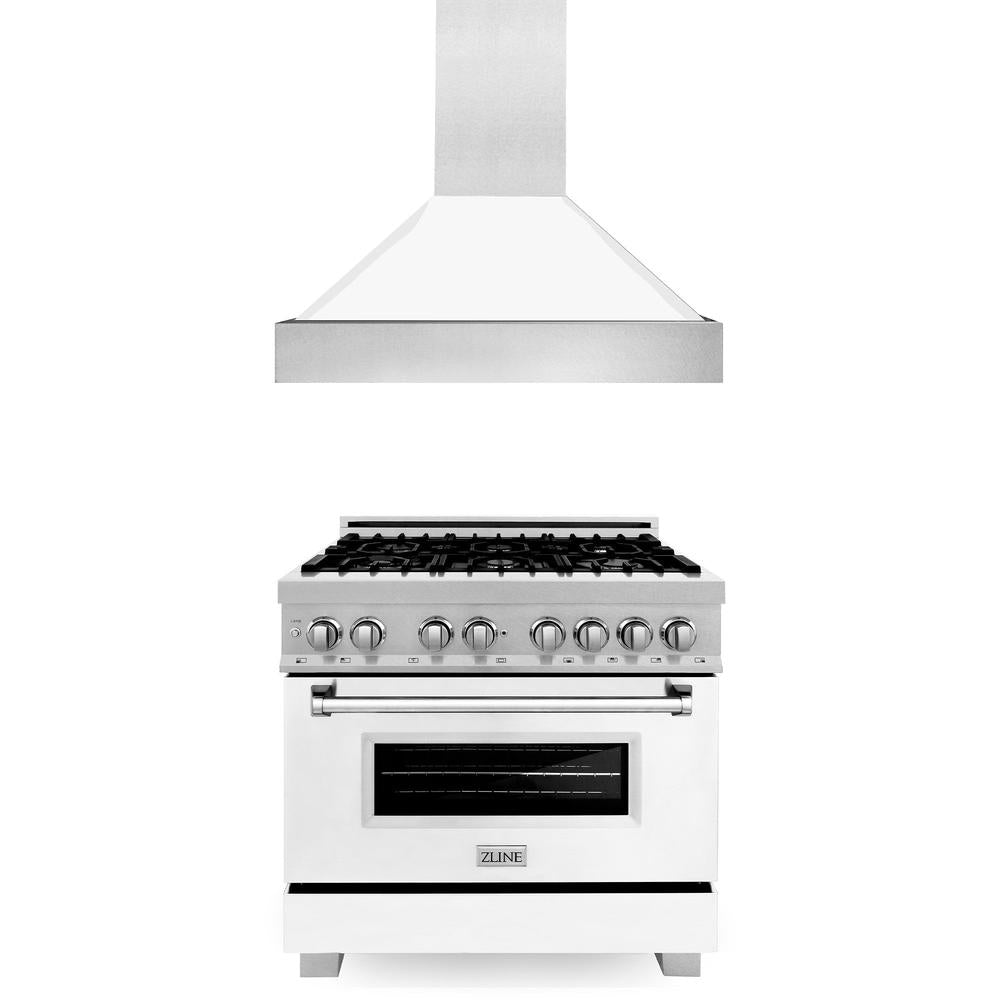 36 in. Kitchen Package with Satin Stainless Steel Dual Fuel Range with White Matte Door and Convertible Vent Range Hood 2KPRASWMRH36