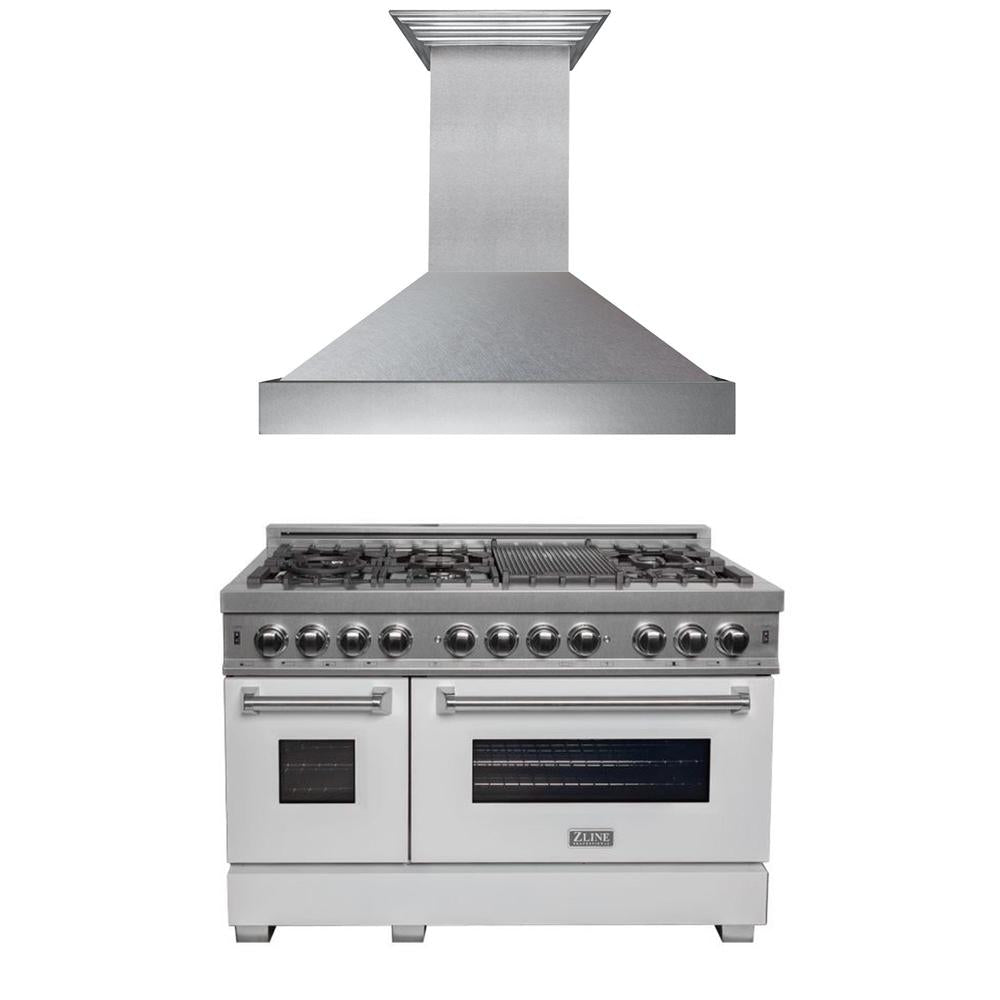 48 in. Kitchen Package with Satin Stainless Steel Dual Fuel Range with White Matte Door and Convertible Vent Range Hood 2KPRASWMRH48