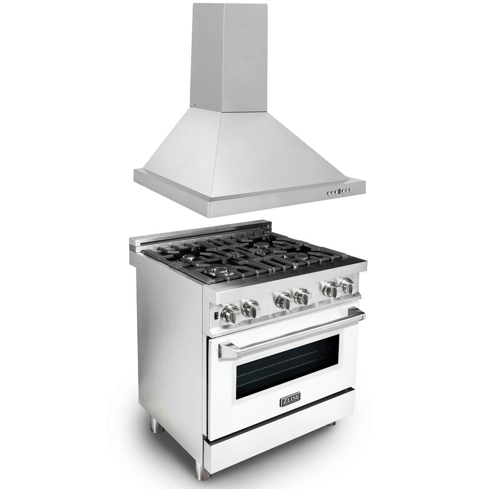 30 in. Kitchen Package with Stainless Steel Dual Fuel Range with White Matte Door and Convertible Vent Range Hood 2KPRAWMRH30