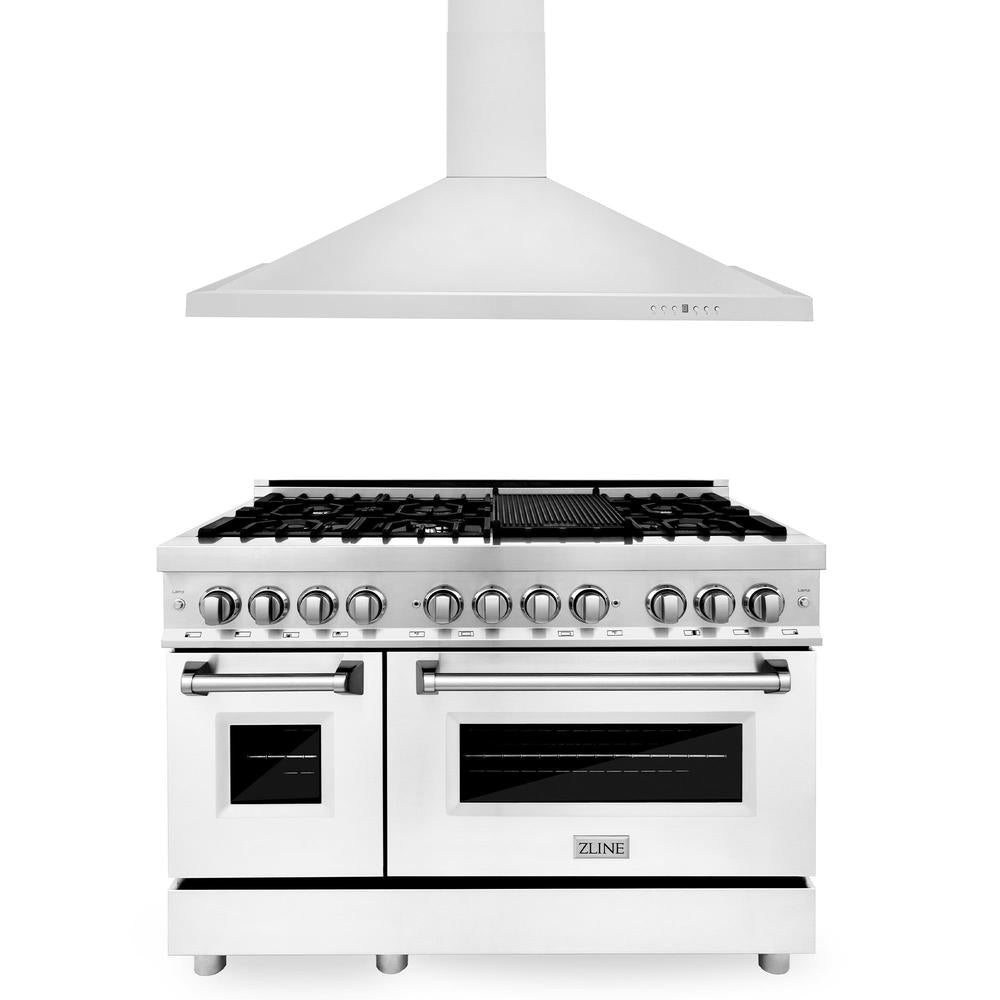 48 in. Kitchen Package with Stainless Steel Dual Fuel Range with White Matte Door and Convertible Vent Range Hood 2KPRAWMRH48