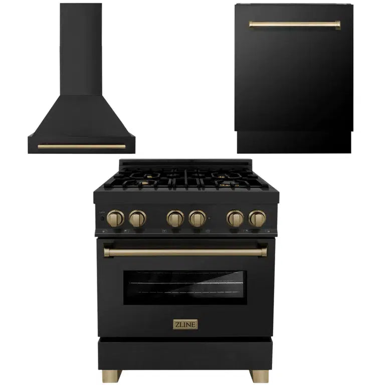 Autograph Edition 30 in. Kitchen Package with Black Stainless Steel Dual Fuel Range, Range Hood and Dishwasher with Champagne Bronze Accents 3AKPRABRHDWV30CB