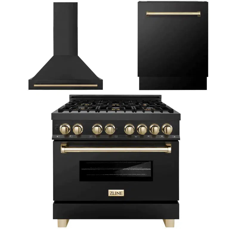 Autograph Edition 36 in. Kitchen Package with Black Stainless Steel Dual Fuel Range, Range Hood and Dishwasher with Polished Gold Accents 3AKPRABRHDWV36G