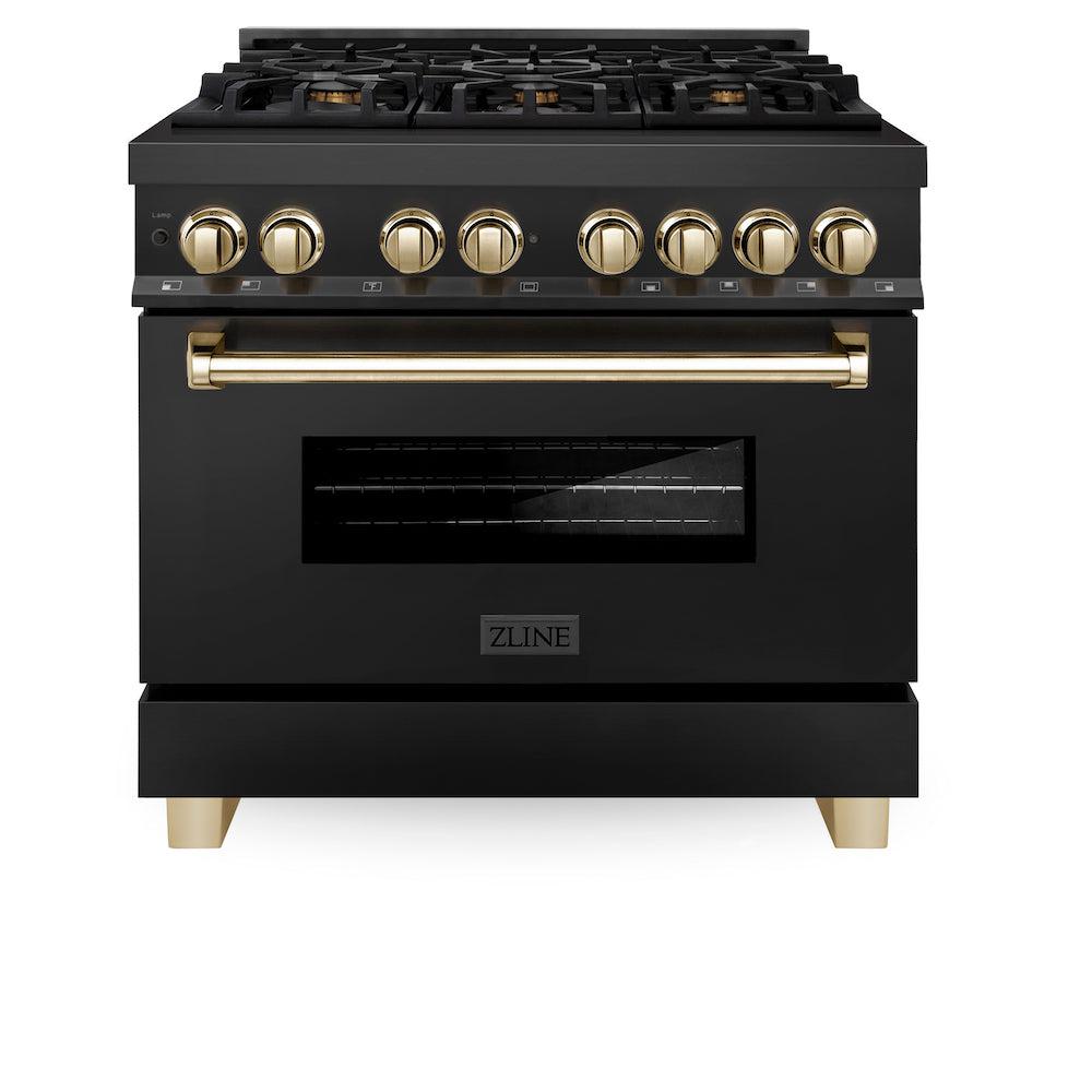 Autograph Edition 36 in. Kitchen Package with Black Stainless Steel Dual Fuel Range, Range Hood and Dishwasher with Polished Gold Accents 3AKPRABRHDWV36G