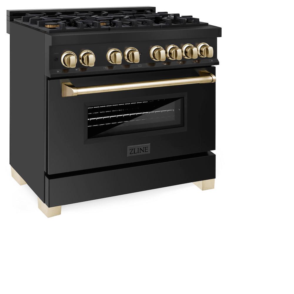Autograph Edition 36 in. Kitchen Package with Black Stainless Steel Dual Fuel Range, Range Hood and Dishwasher with Polished Gold Accents 3AKPRABRHDWV36G