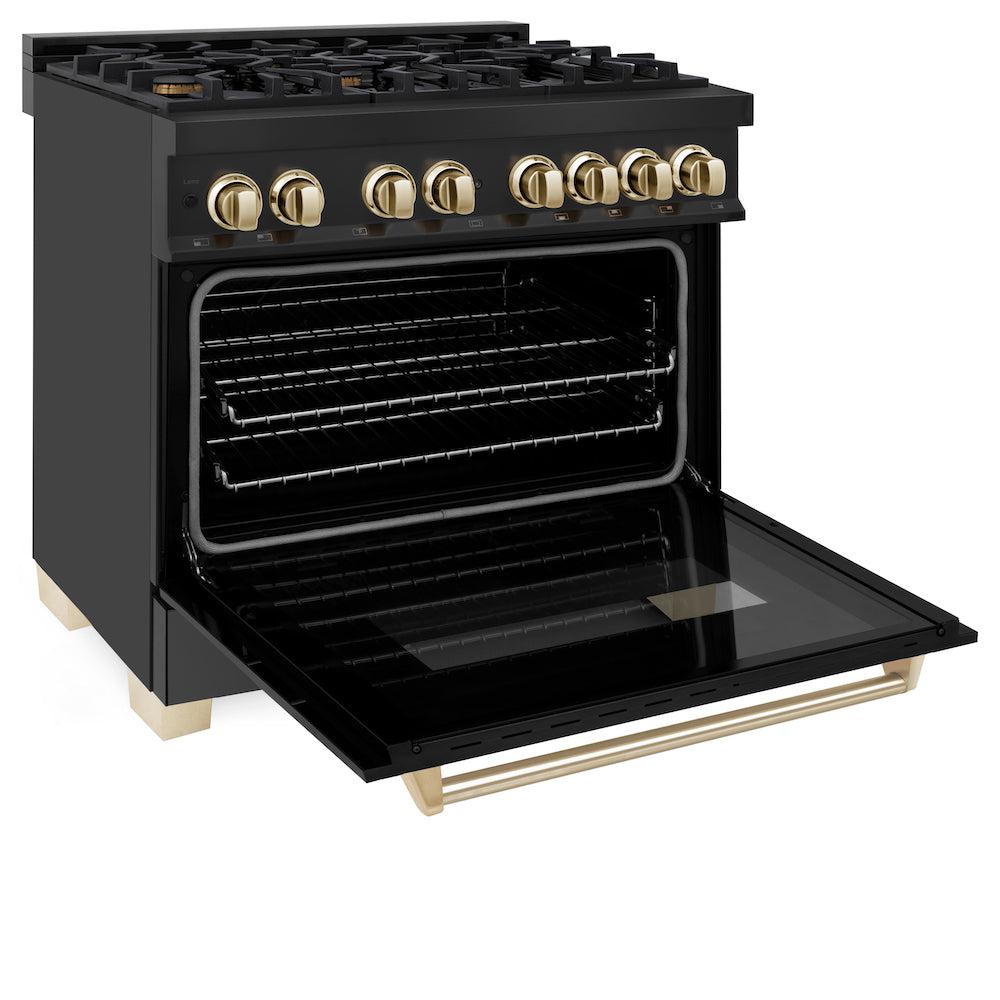 Autograph Edition 36 in. Kitchen Package with Black Stainless Steel Dual Fuel Range, Range Hood and Dishwasher with Polished Gold Accents 3AKPRABRHDWV36G