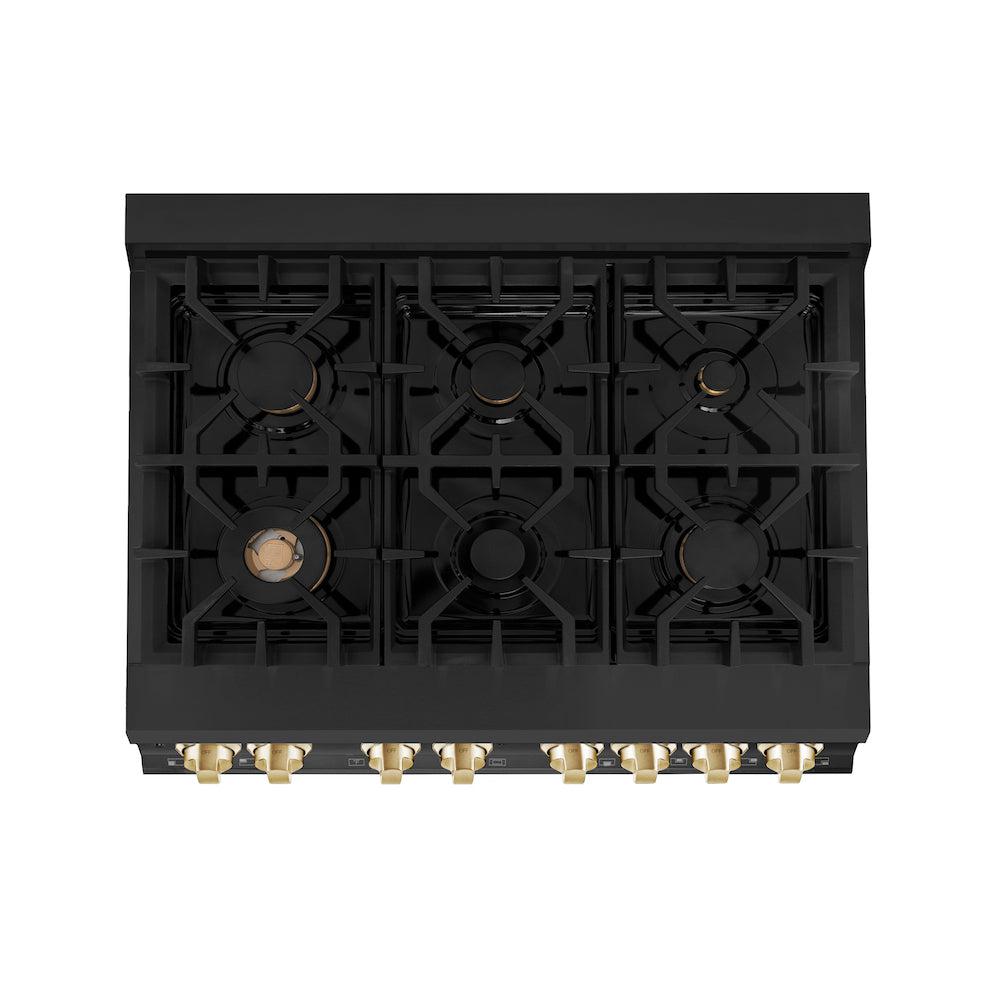 Autograph Edition 36 in. Kitchen Package with Black Stainless Steel Dual Fuel Range, Range Hood and Dishwasher with Polished Gold Accents 3AKPRABRHDWV36G