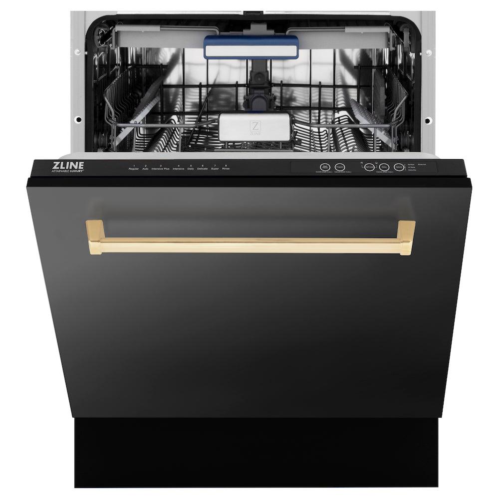 Autograph Edition 36 in. Kitchen Package with Black Stainless Steel Dual Fuel Range, Range Hood and Dishwasher with Polished Gold Accents 3AKPRABRHDWV36G