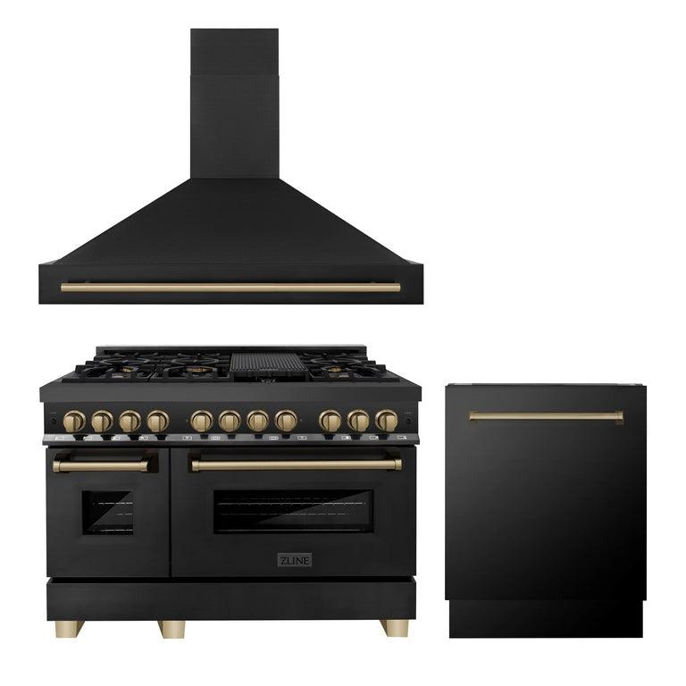 Autograph Edition 48 in. Kitchen Package with Black Stainless Steel Dual Fuel Range, Range Hood and Dishwasher with Champagne Bronze Accents 3AKPRABRHDWV48CB