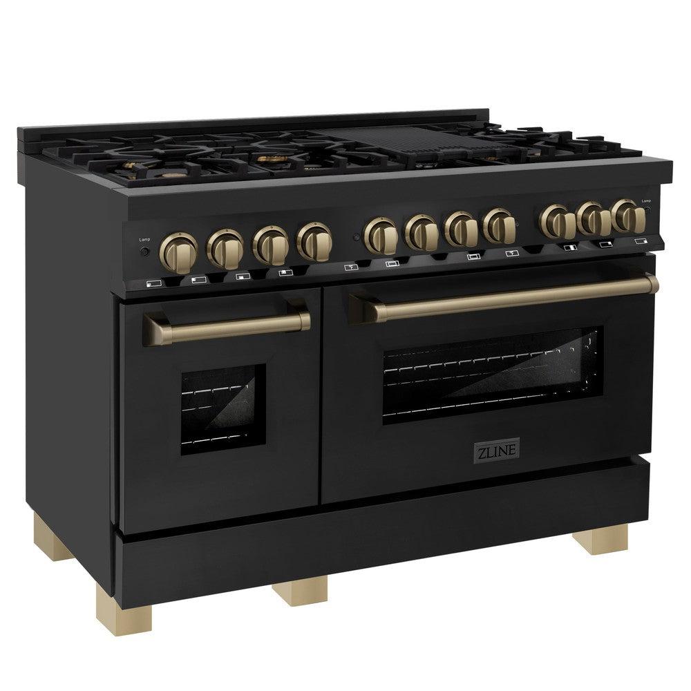 Autograph Edition 48 in. Kitchen Package with Black Stainless Steel Dual Fuel Range, Range Hood and Dishwasher with Champagne Bronze Accents 3AKPRABRHDWV48CB