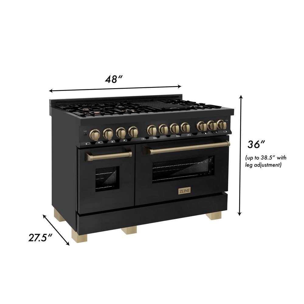 Autograph Edition 48 in. Kitchen Package with Black Stainless Steel Dual Fuel Range, Range Hood and Dishwasher with Champagne Bronze Accents 3AKPRABRHDWV48CB
