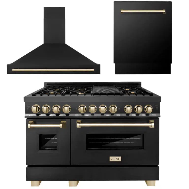 Autograph Edition 48 in. Kitchen Package with Black Stainless Steel Dual Fuel Range, Range Hood and Dishwasher with Polished Gold Accents 3AKPRABRHDWV48G